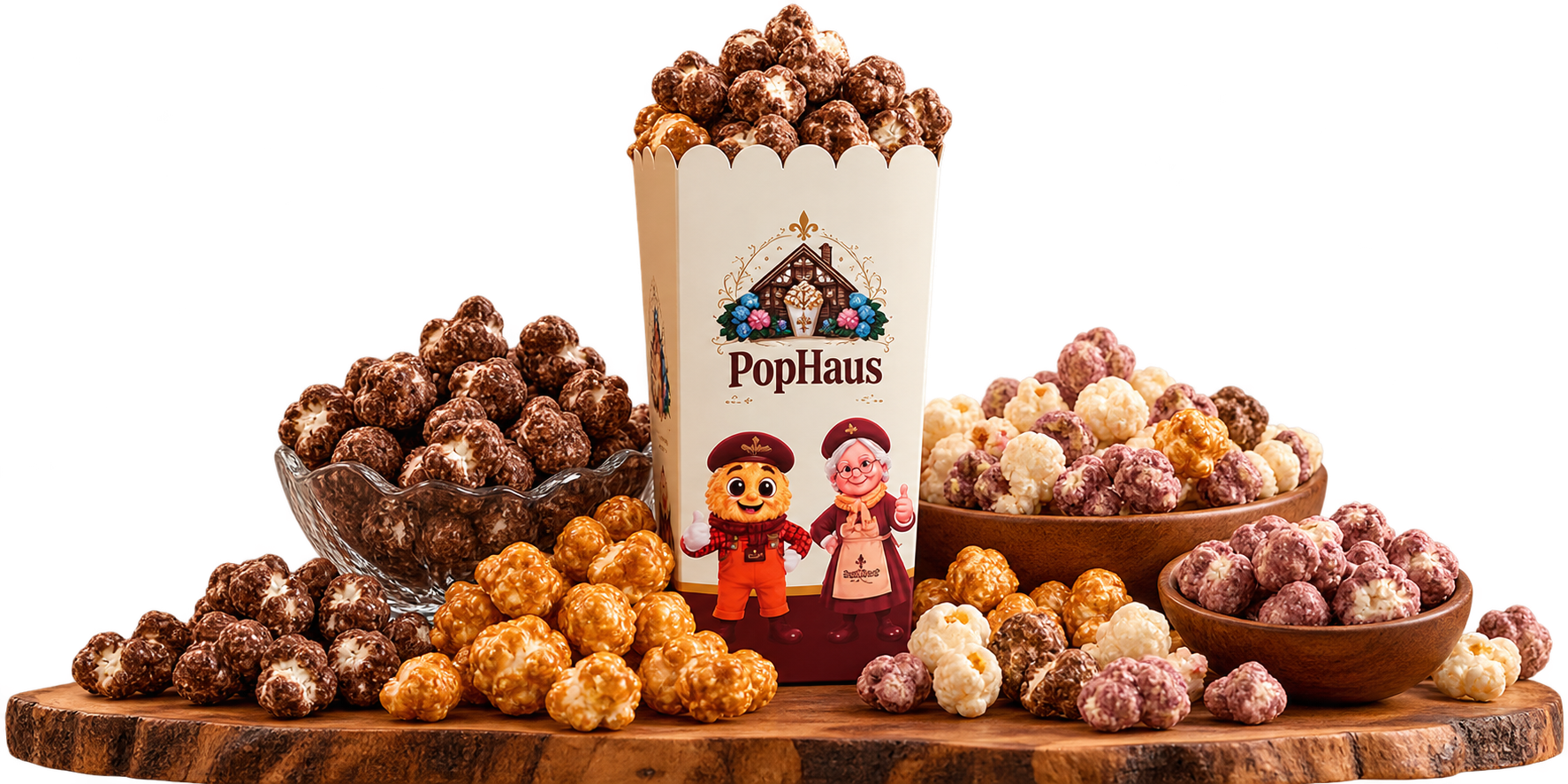 Seleção de pipocas gourmet PopHaus com sabores de chocolate, caramelo e criações autorais